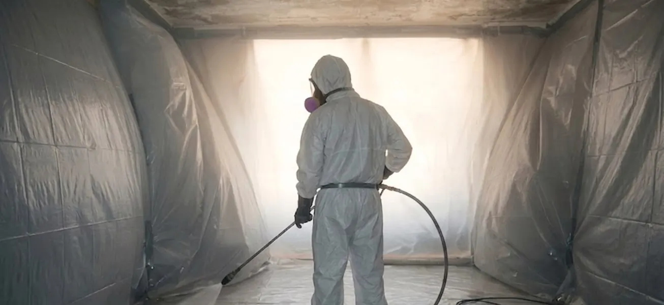 Worker in full protective gear inside plastic containment during asbestos abatement