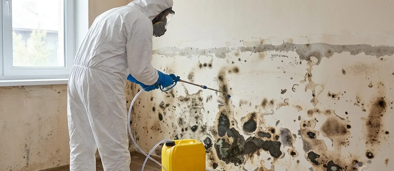 Technician in protective gear cleaning mold from an interior wall